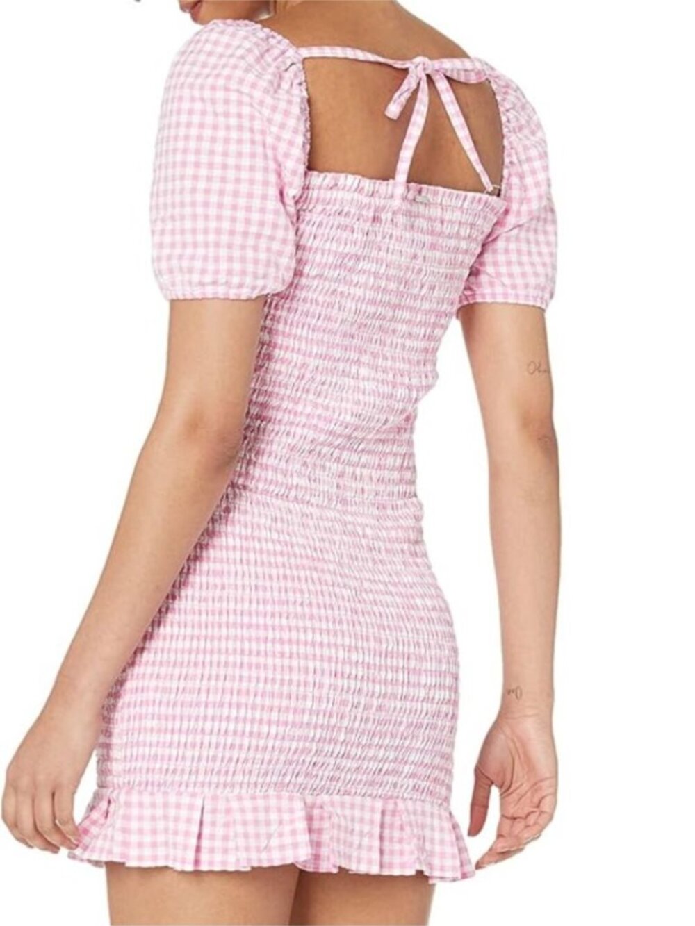 Guess Aida Smocked Puff Sleeve Mini Dress NWT Picnic Ruffle Pink White Sz Small - Picture 4 of 8